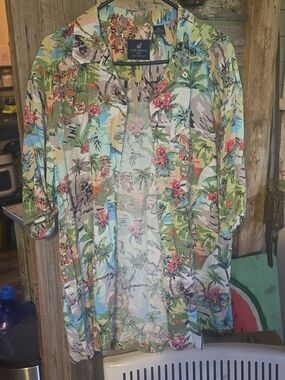 Floral Tropical Button-Up Shirt - Green Base with Multicolor Print